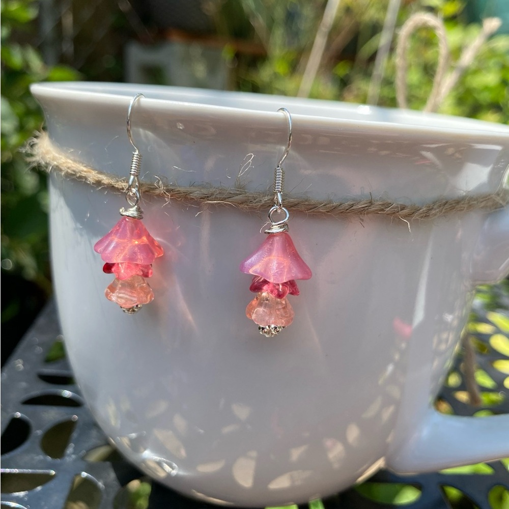 Czech Glass Pink Bell Flower Earrings – Delicate & Unique